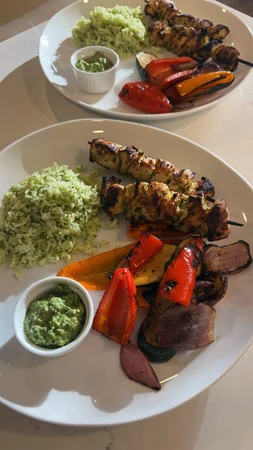 Grilled Pesto Chicken Skewers With Pesto Rice And Grilled Veggies — photo from Instagram