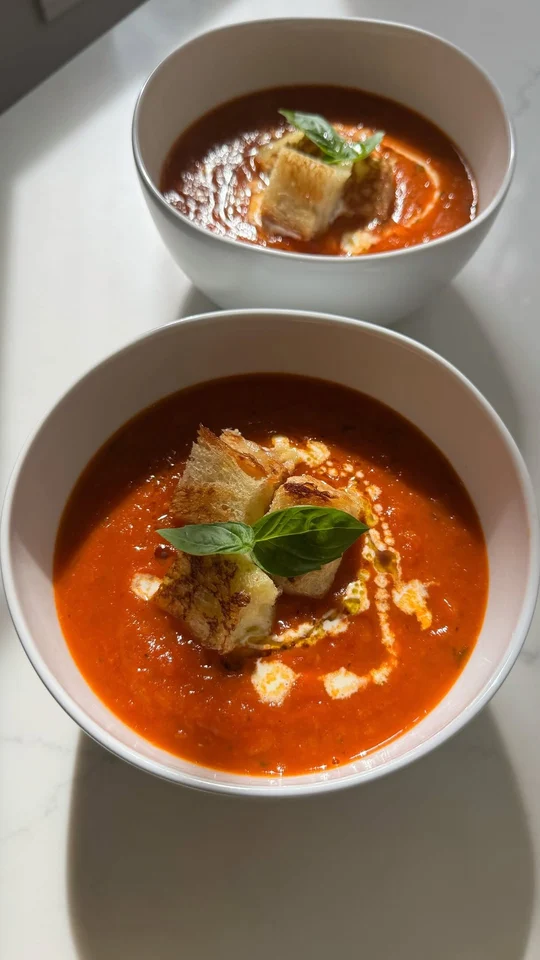 Roasted Tomato Soup with Sourdough Grilled Cheese Croutons β photo from Instagram
